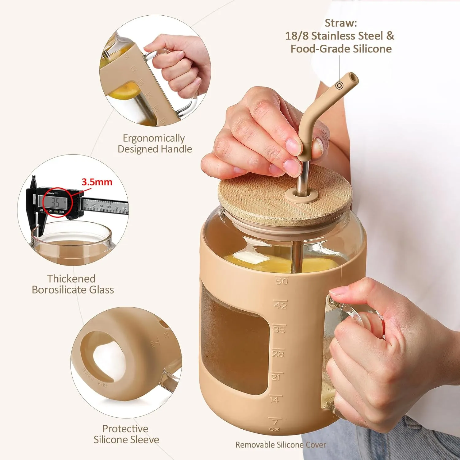 50 oz Glass Water Bottles with Silicone Sleeve,Glass Tumbler with Lid and Straw,Iced Coffee Cup with Handle,BPA Free-Amber