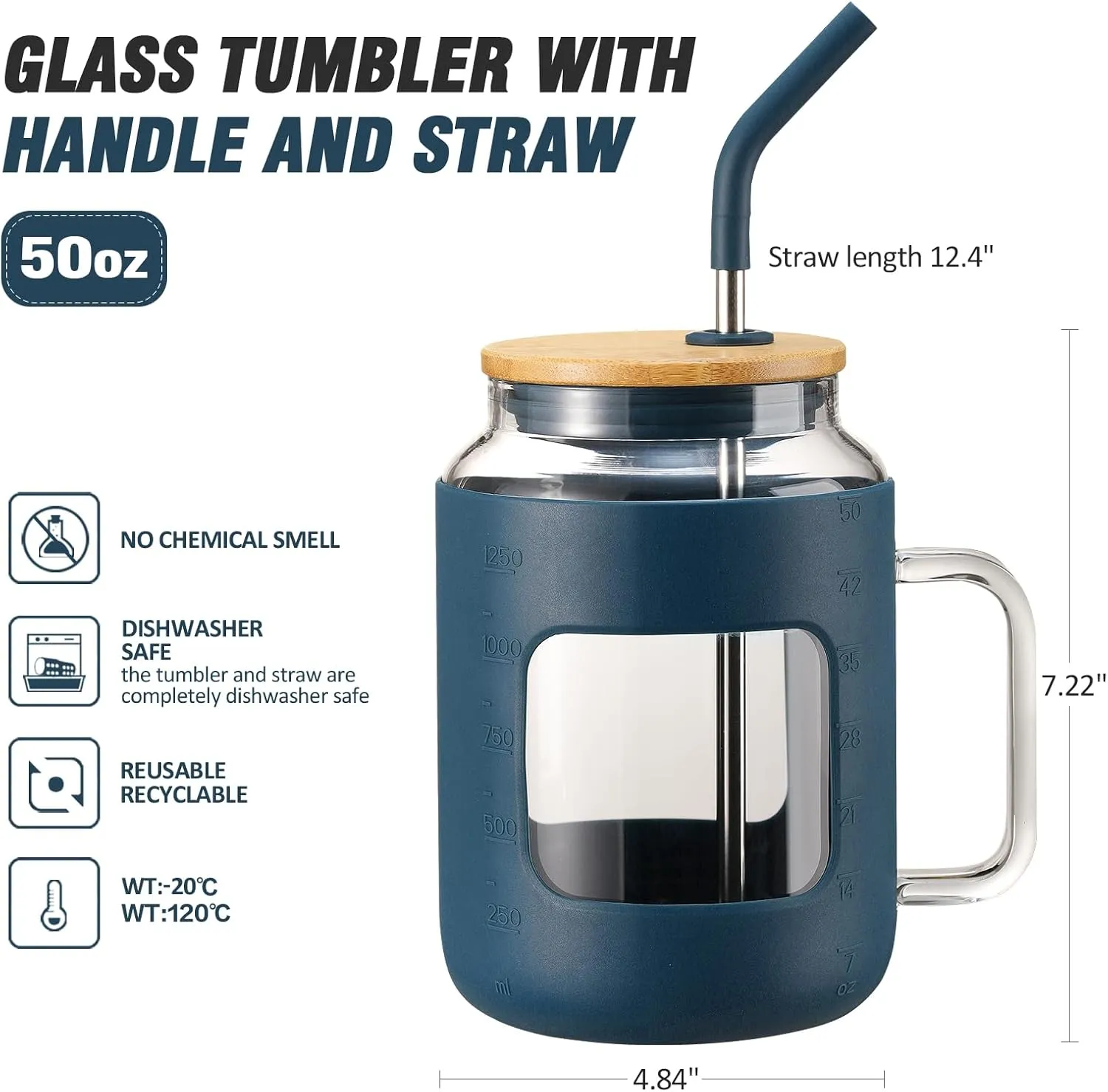50 oz Glass Water Bottles with Silicone Sleeve,Glass Tumbler with Lid and Straw,Iced Coffee Cup with Handle,BPA Free-Blue