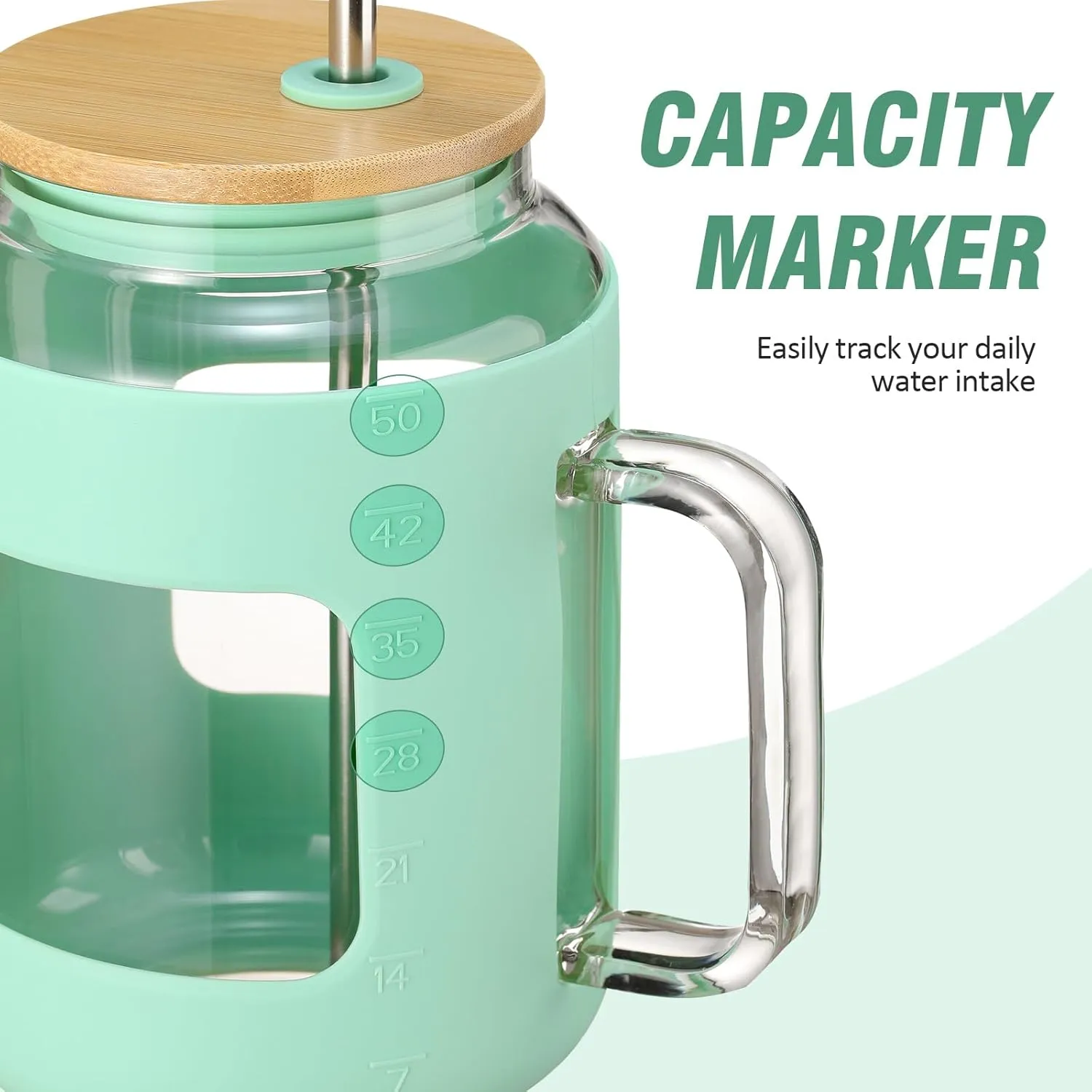 50 oz Glass Water Bottles with Silicone Sleeve,Glass Tumbler with Lid and Straw,Iced Coffee Cup with Handle,BPA Free-Green