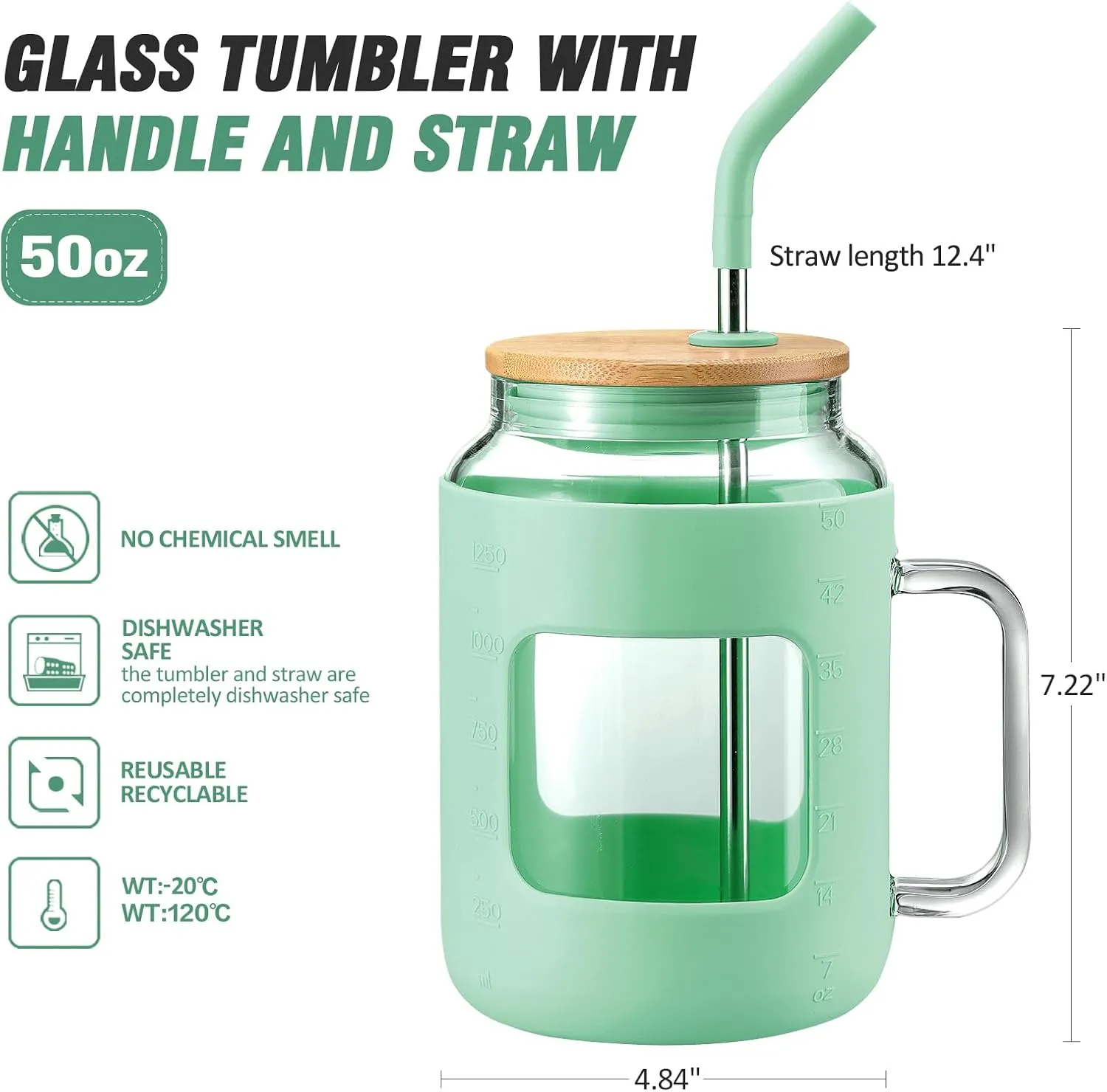 50 oz Glass Water Bottles with Silicone Sleeve,Glass Tumbler with Lid and Straw,Iced Coffee Cup with Handle,BPA Free-Green
