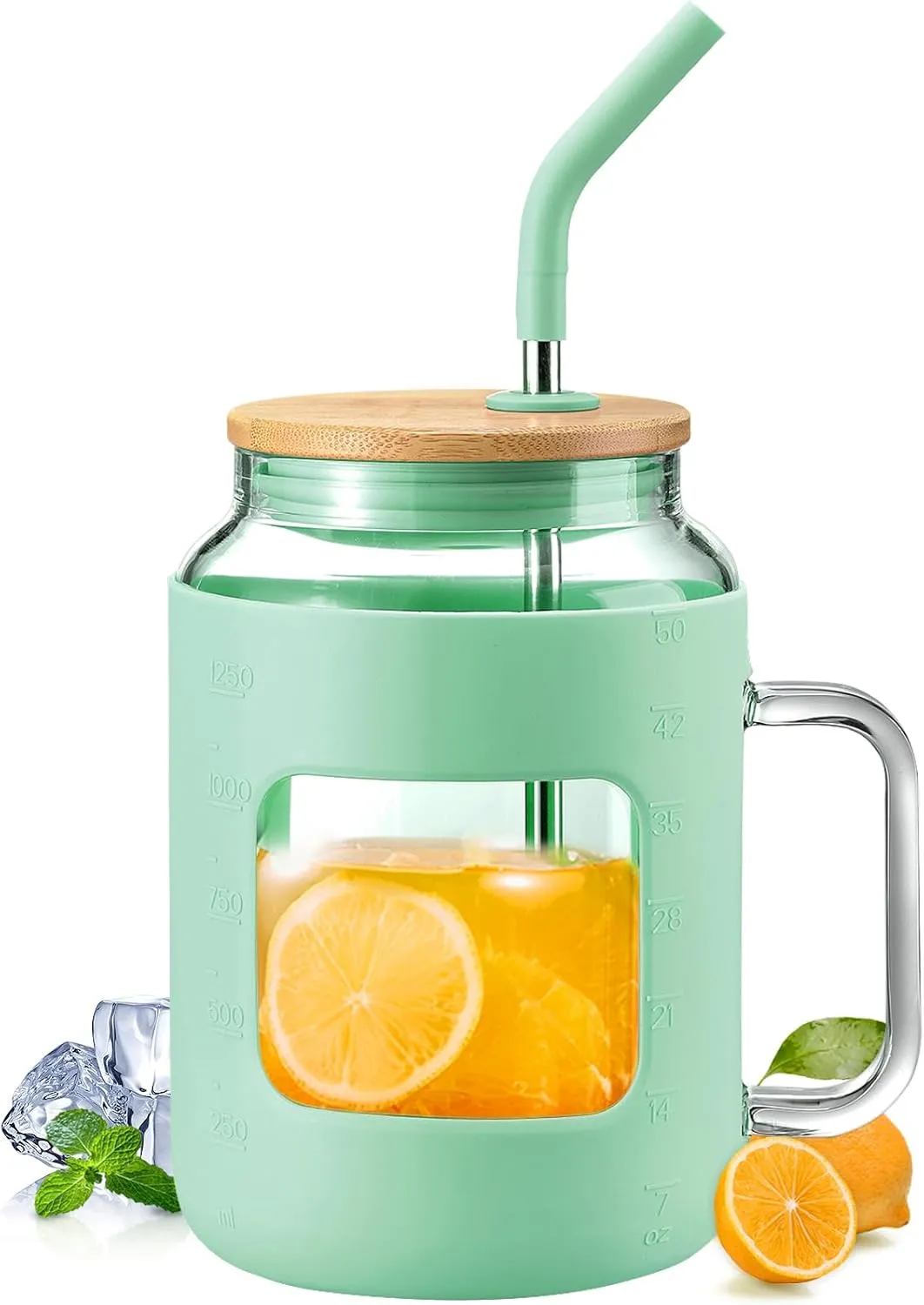 50 oz Glass Water Bottles with Silicone Sleeve,Glass Tumbler with Lid and Straw,Iced Coffee Cup with Handle,BPA Free-Green