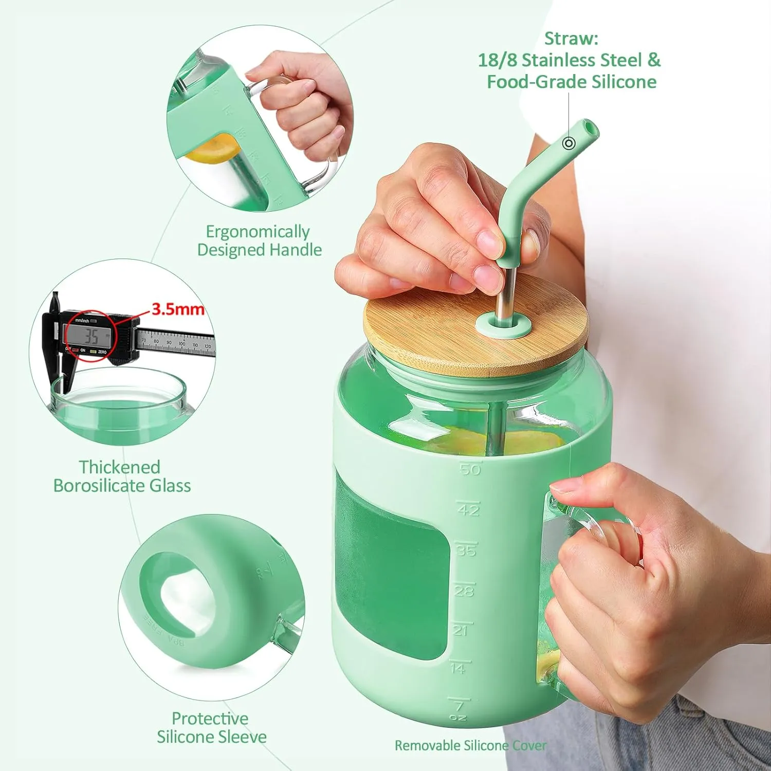 50 oz Glass Water Bottles with Silicone Sleeve,Glass Tumbler with Lid and Straw,Iced Coffee Cup with Handle,BPA Free-Green