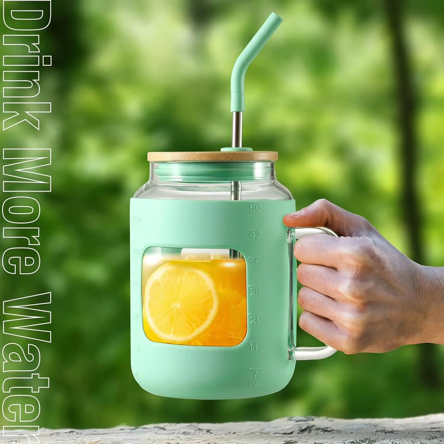 50 oz Glass Water Bottles with Silicone Sleeve,Glass Tumbler with Lid and Straw,Iced Coffee Cup with Handle,BPA Free-Green