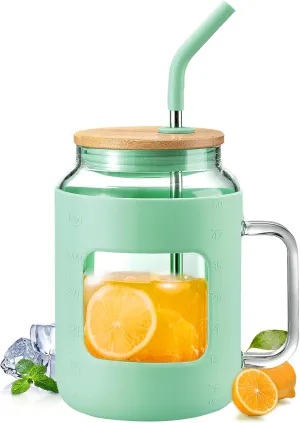50 oz Glass Water Bottles with Silicone Sleeve,Glass Tumbler with Lid and Straw,Iced Coffee Cup with Handle,BPA Free-Green