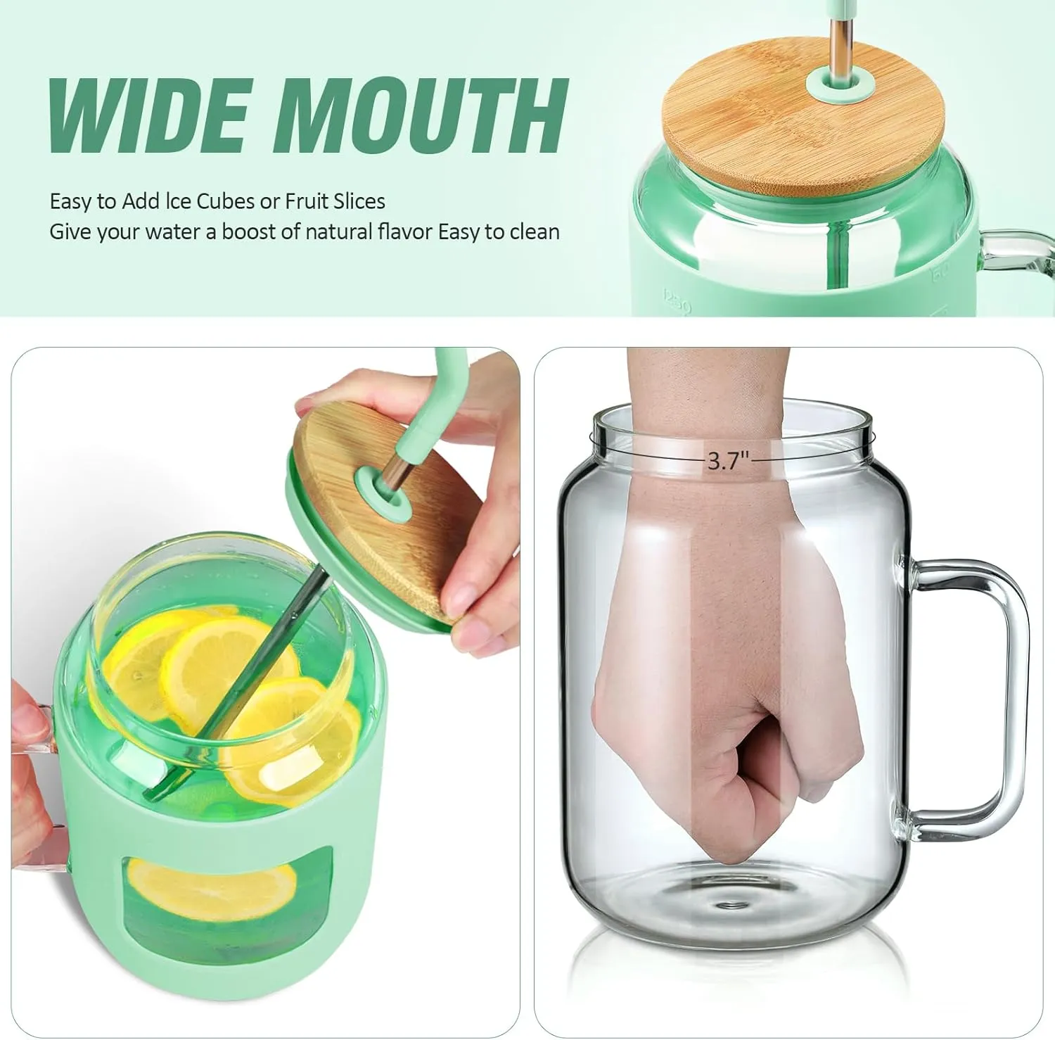 50 oz Glass Water Bottles with Silicone Sleeve,Glass Tumbler with Lid and Straw,Iced Coffee Cup with Handle,BPA Free-Green
