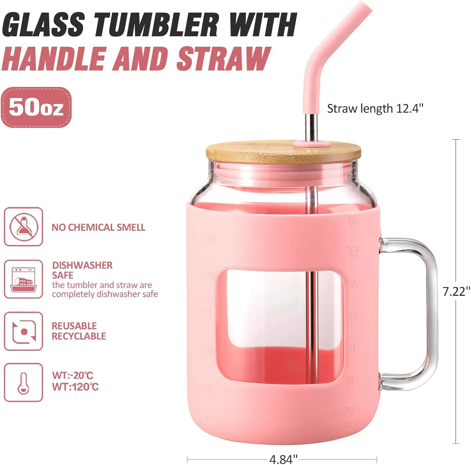 50 oz Glass Water Bottles with Silicone Sleeve,Glass Tumbler with Lid and Straw,Iced Coffee Cup with Handle,BPA Free-Pink