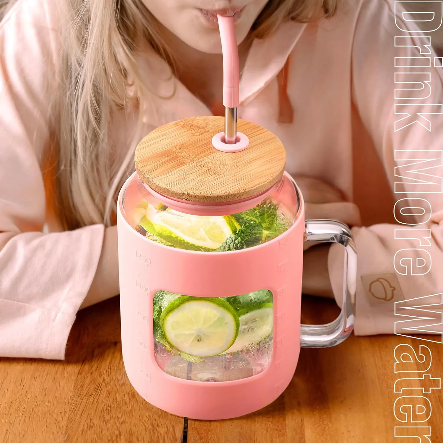 50 oz Glass Water Bottles with Silicone Sleeve,Glass Tumbler with Lid and Straw,Iced Coffee Cup with Handle,BPA Free-Pink