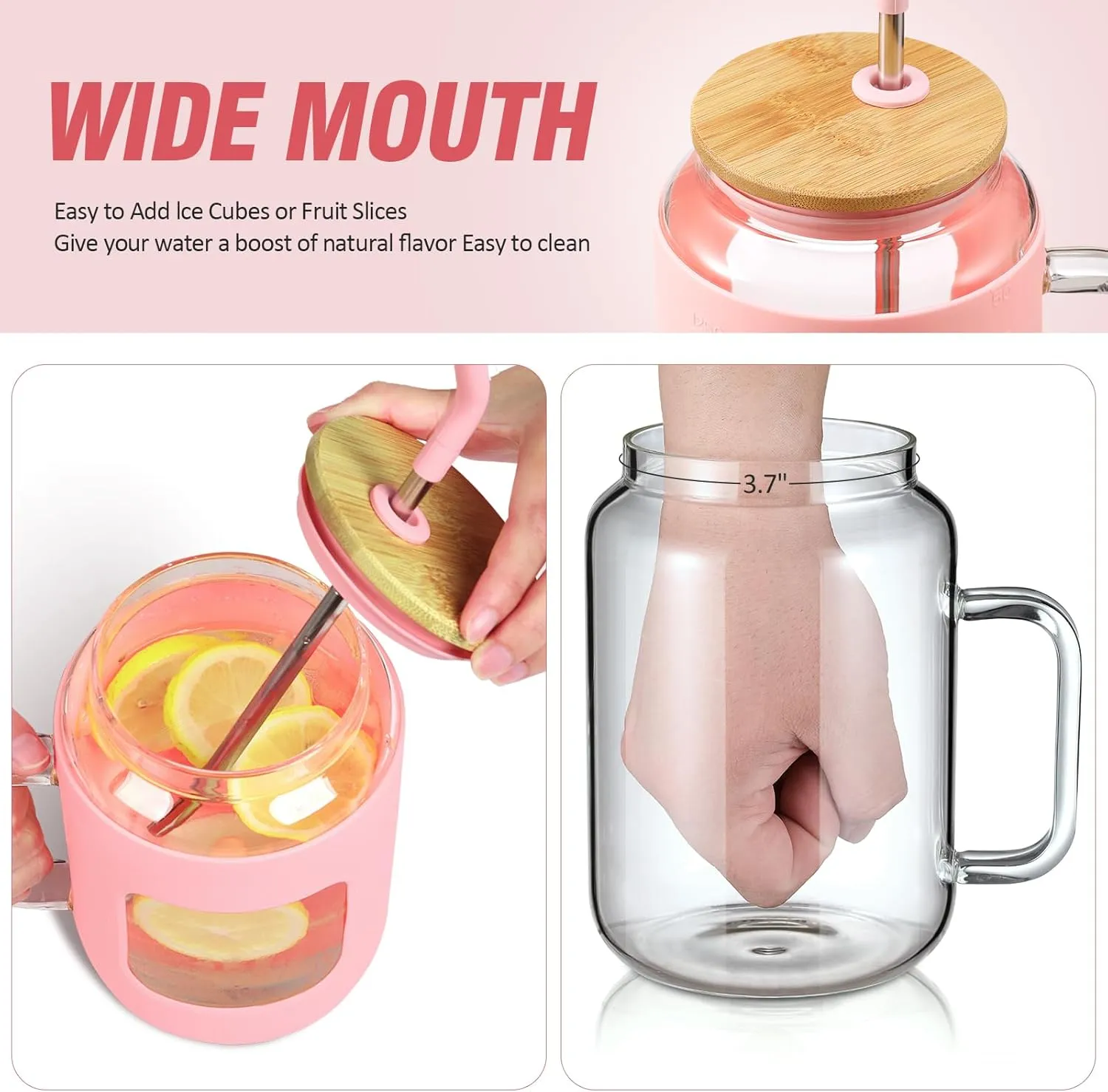 50 oz Glass Water Bottles with Silicone Sleeve,Glass Tumbler with Lid and Straw,Iced Coffee Cup with Handle,BPA Free-Pink