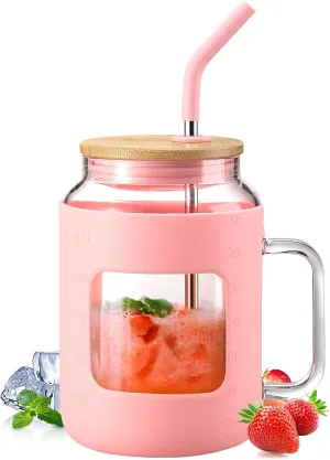 50 oz Glass Water Bottles with Silicone Sleeve,Glass Tumbler with Lid and Straw,Iced Coffee Cup with Handle,BPA Free-Pink