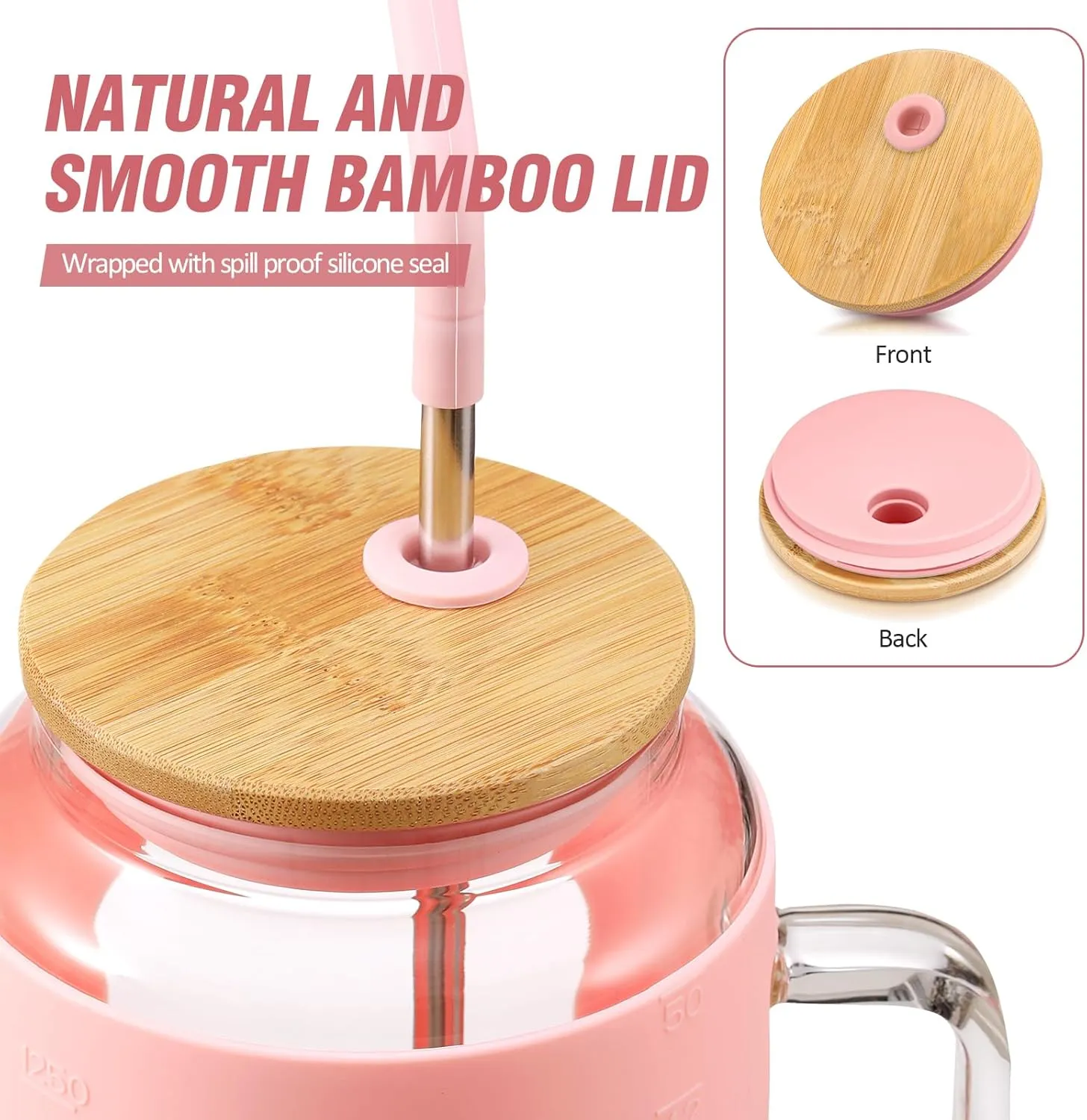 50 oz Glass Water Bottles with Silicone Sleeve,Glass Tumbler with Lid and Straw,Iced Coffee Cup with Handle,BPA Free-Pink