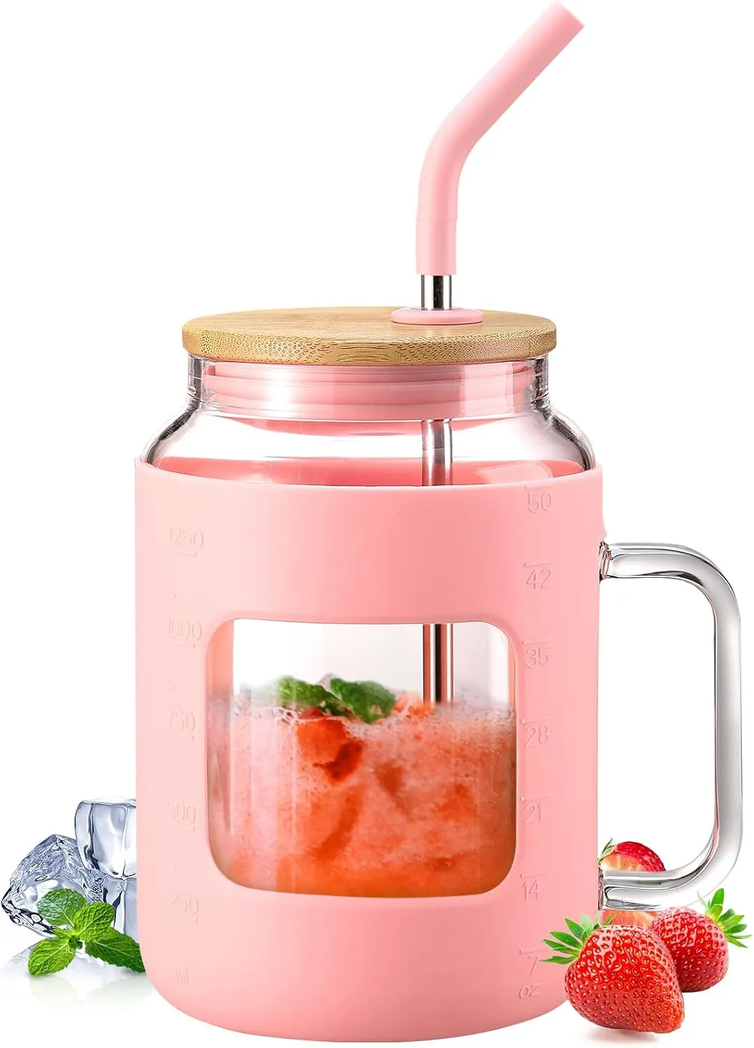 50 oz Glass Water Bottles with Silicone Sleeve,Glass Tumbler with Lid and Straw,Iced Coffee Cup with Handle,BPA Free-Pink