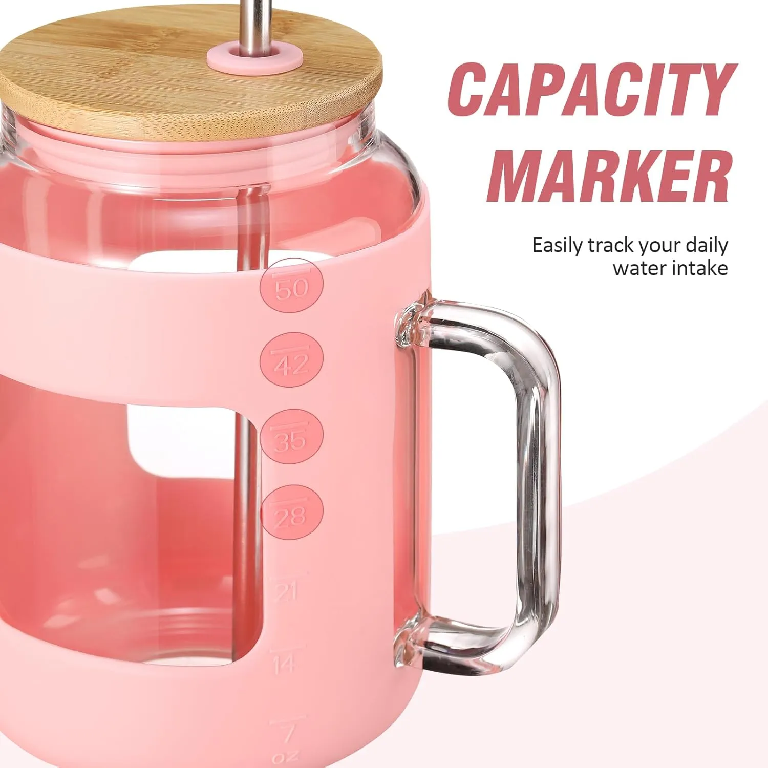50 oz Glass Water Bottles with Silicone Sleeve,Glass Tumbler with Lid and Straw,Iced Coffee Cup with Handle,BPA Free-Pink