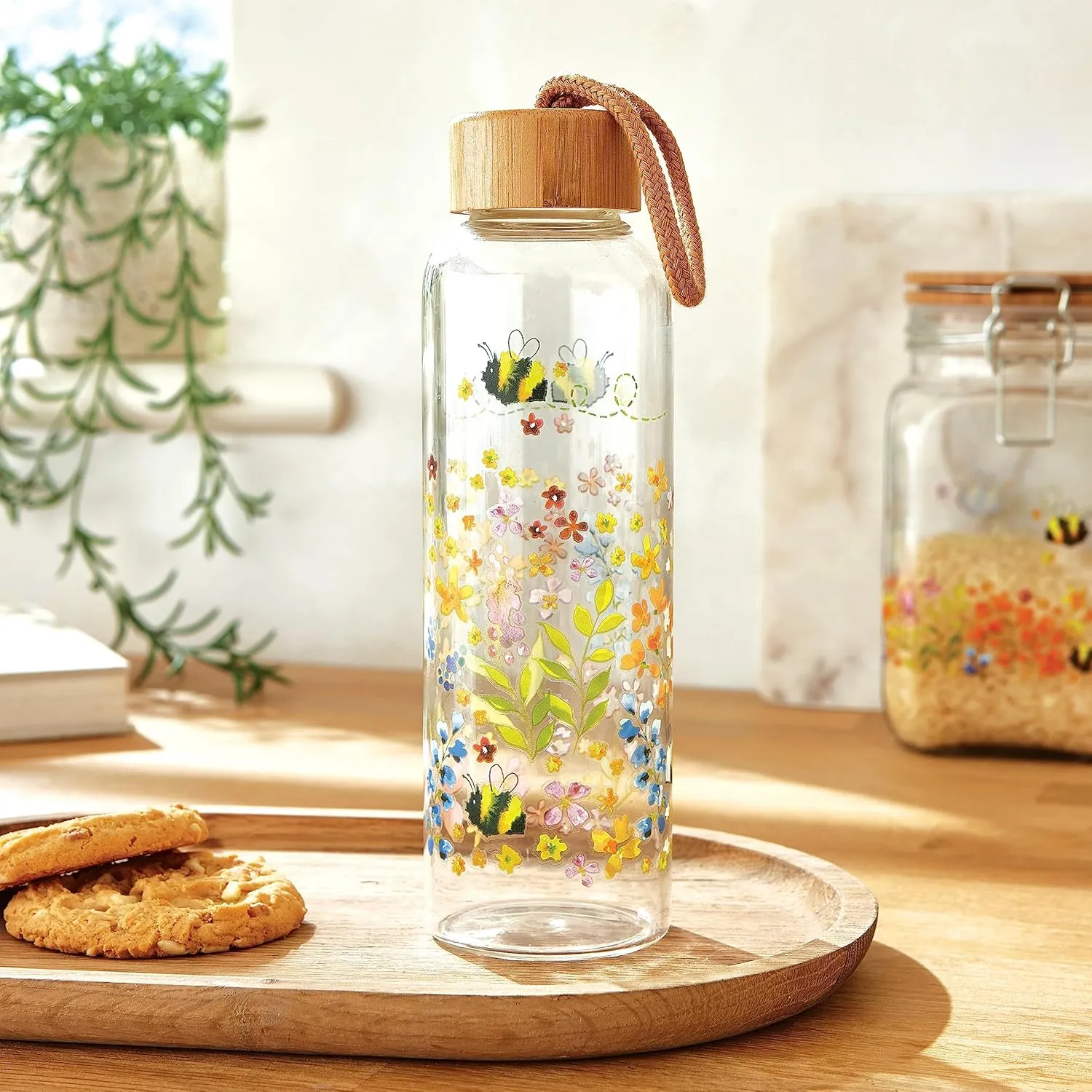 500ml Glass Water Bottle | Eco Friendly Glass Bottle With Lid & Carry Handle | Glass Bottles For Office, Sports or On The Go - Bee Happy