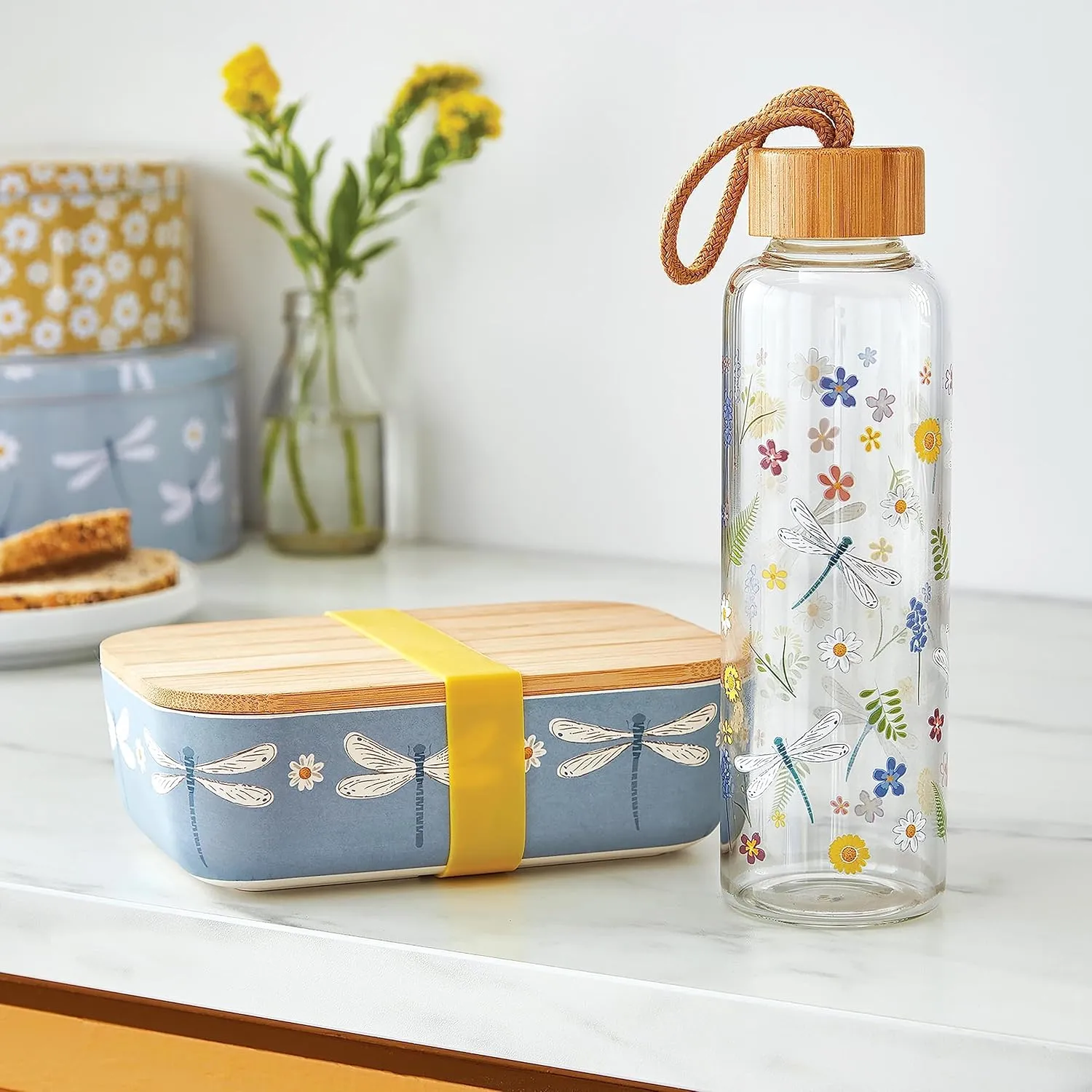 500ml Glass Water Bottle | Eco Friendly Glass Bottle With Lid & Carry Handle | Glass Bottles For Office, Sports or On The Go - English Meadows