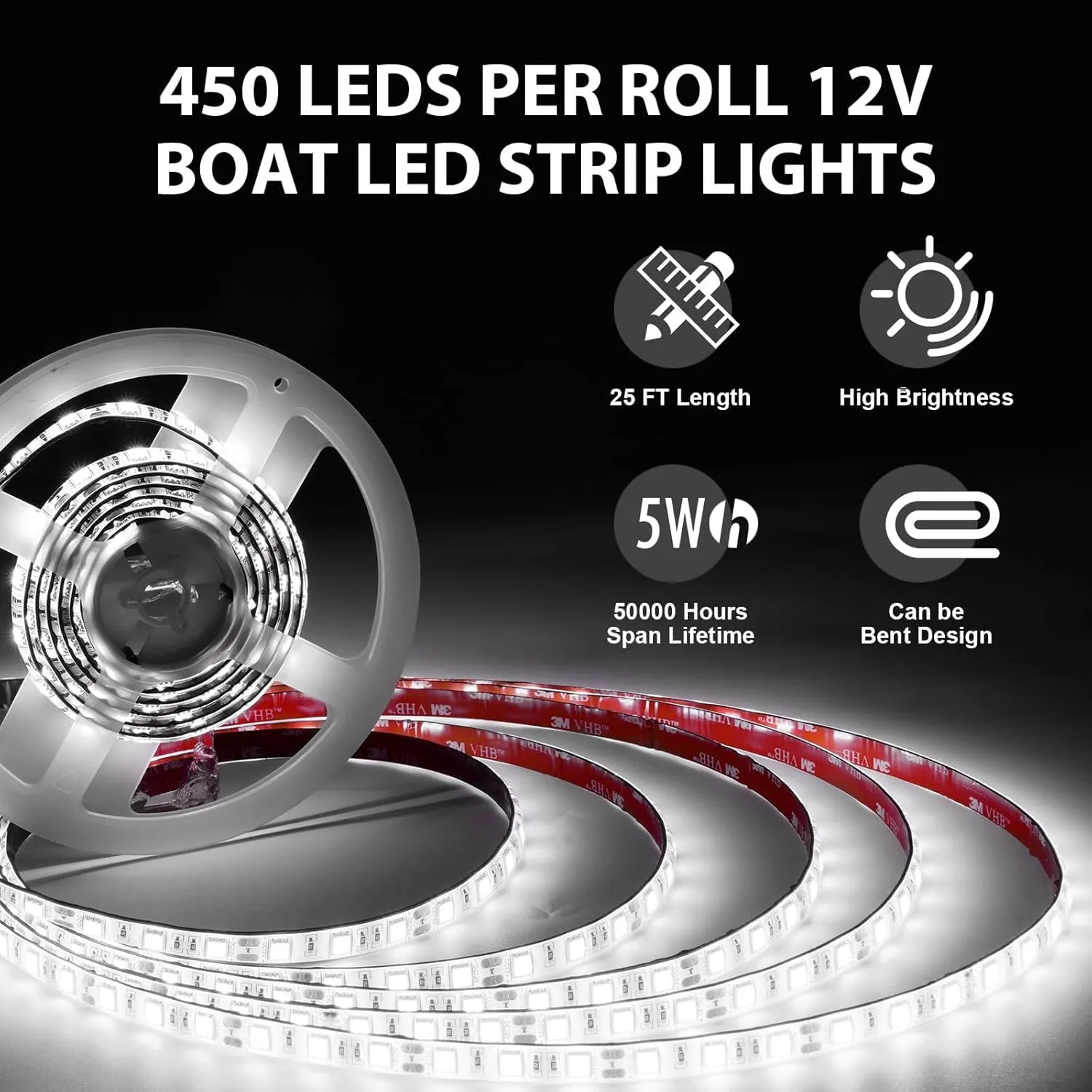 50ft Pontoon Boat Lights Marine LED Strip Lights 12V Waterproof, Interior Light Deck Light for Jon Boat, Kayak, Fishing Boats, Bass Boats (White)