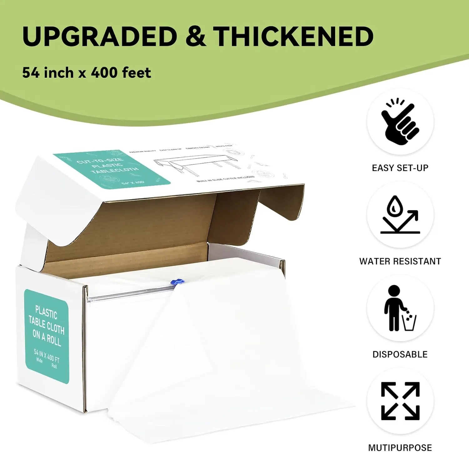 54 Inch X 400 Feet White Plastic Table Cover Roll with Cutter Box, Disposable Tablecloth for Parties, Picnic, Banquet, Wedding, Birthday, Anniversary Decorations