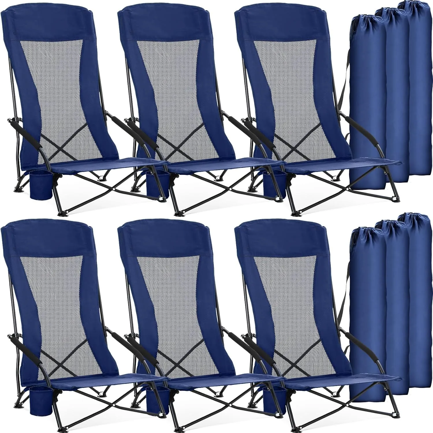 6 Pack Beach Chair for Adult High Back Low Beach Chair Bulk Portable Folding Camping Chairs Lightweight Sand Chairs with Cup Holder Carry Bag for Outdoor Camping Beach Sand Concert(Navy Blue)