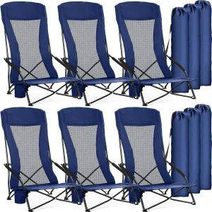 6 Pack Beach Chair for Adult High Back Low Beach Chair Bulk Portable Folding Camping Chairs Lightweight Sand Chairs with Cup Holder Carry Bag for Outdoor Camping Beach Sand Concert(Navy Blue)