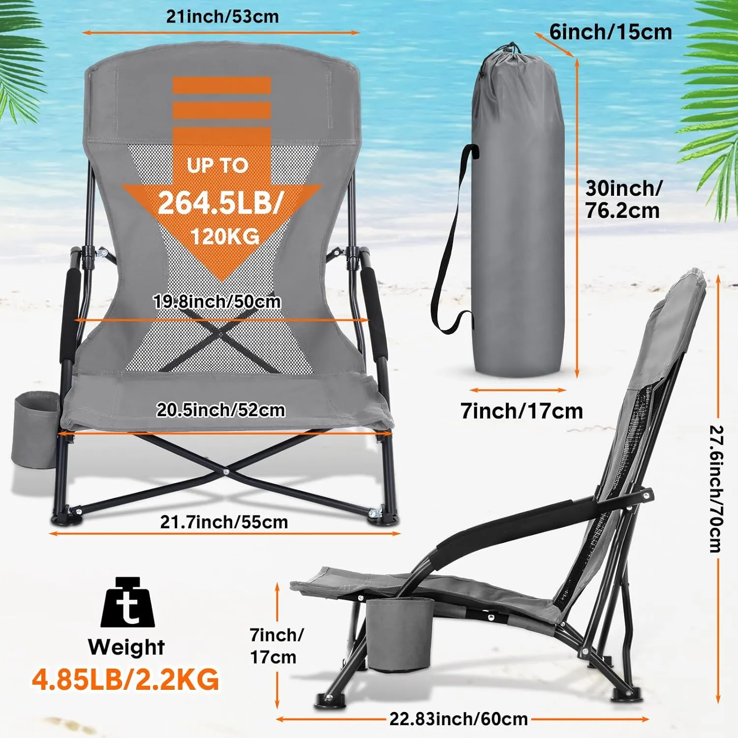 6 Pack Low Beach Chairs for Adult Portable Travel Compact High Back Sling Folding Beach Chair with Cup Holder Carry Bag for Lawn Sand Concerts Outdoor Camping BBQ Picnic Festival(Dark Grey)