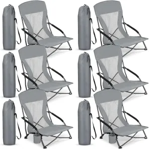 6 Pack Low Beach Chairs for Adult Portable Travel Compact High Back Sling Folding Beach Chair with Cup Holder Carry Bag for Lawn Sand Concerts Outdoor Camping BBQ Picnic Festival(Dark Grey)