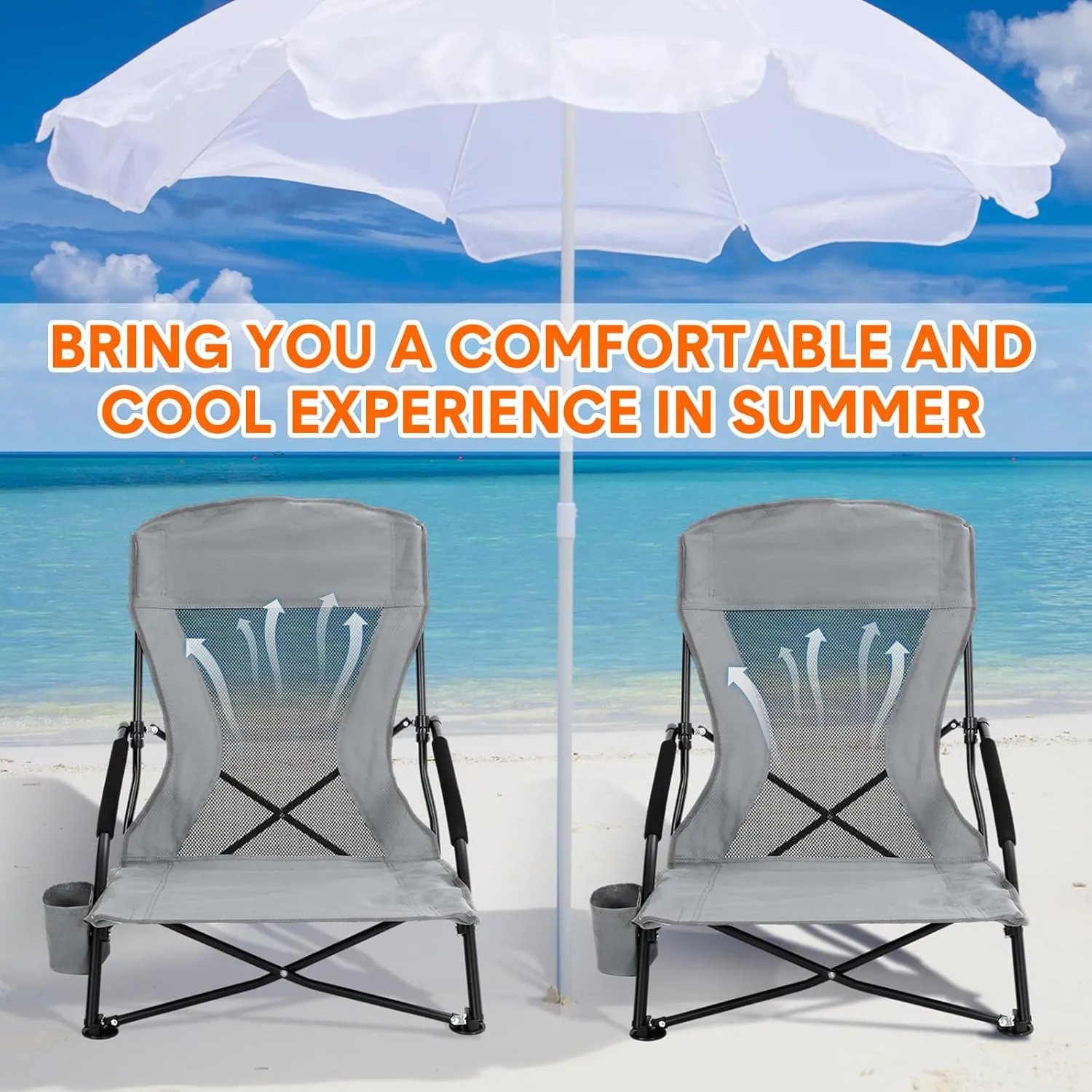 6 Pack Low Beach Chairs for Adult Portable Travel Compact High Back Sling Folding Beach Chair with Cup Holder Carry Bag for Lawn Sand Concerts Outdoor Camping BBQ Picnic Festival(Dark Grey)