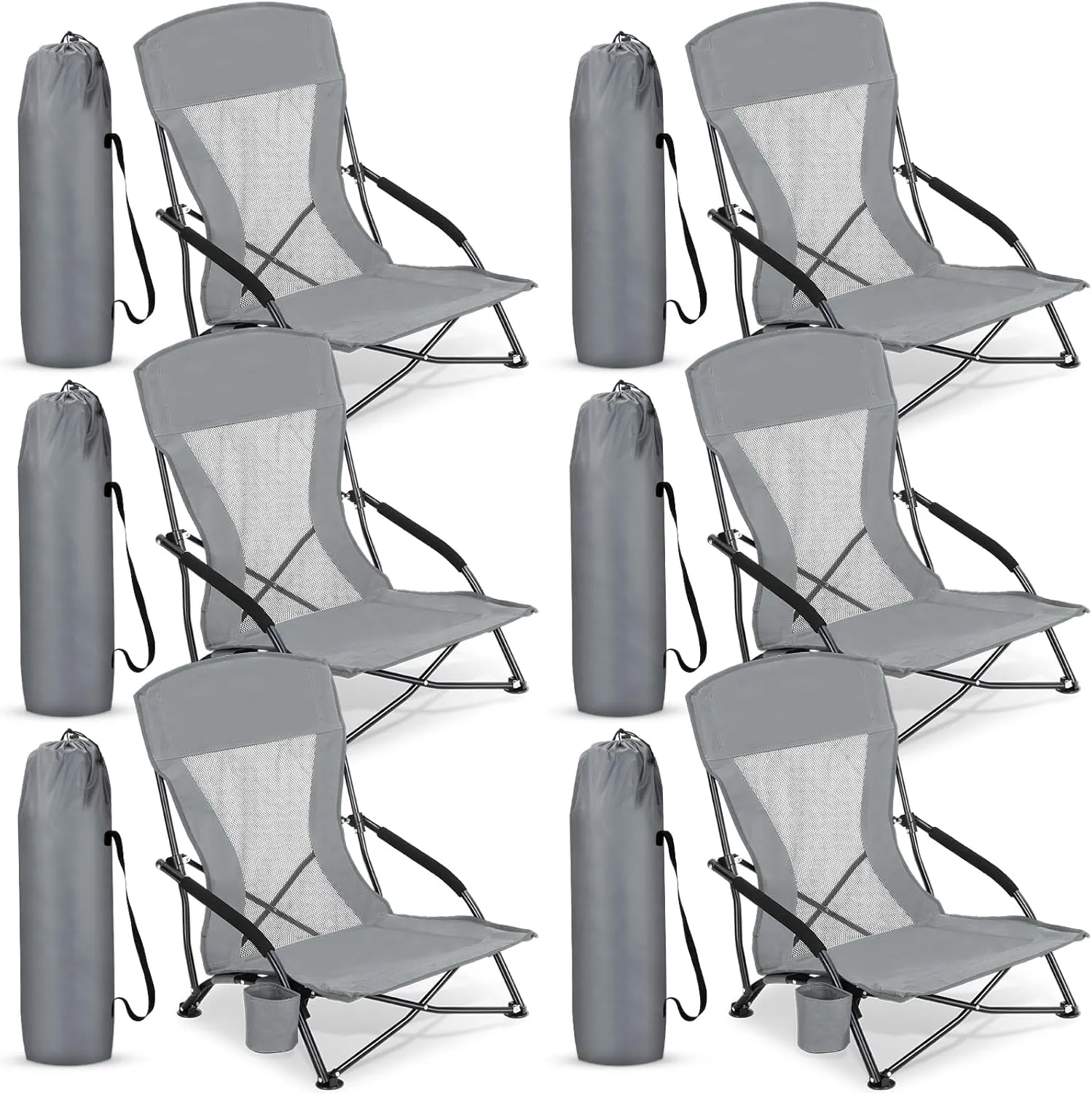 6 Pack Low Beach Chairs for Adult Portable Travel Compact High Back Sling Folding Beach Chair with Cup Holder Carry Bag for Lawn Sand Concerts Outdoor Camping BBQ Picnic Festival(Dark Grey)