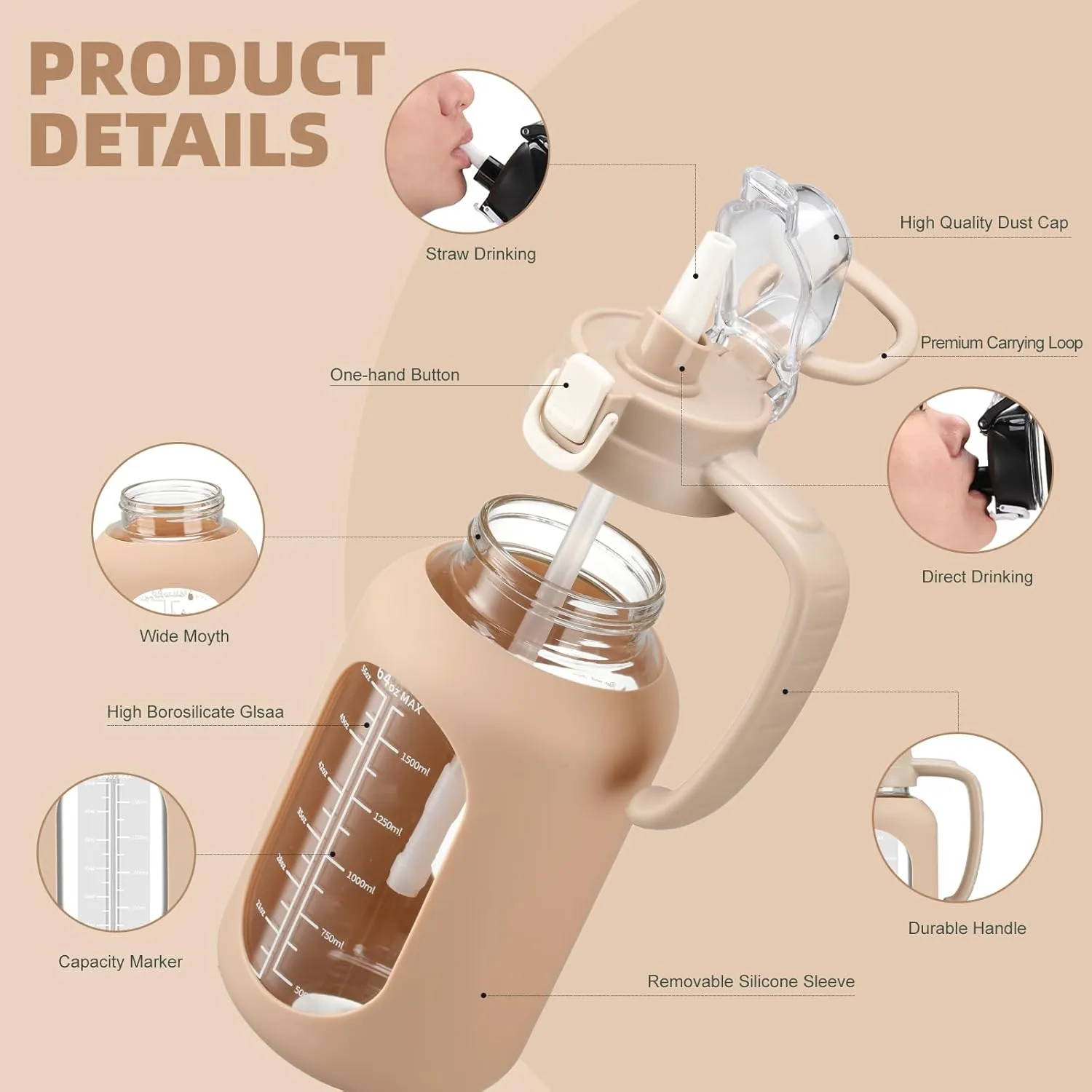 64 oz Glass Water Bolttles Half Gallon Large Motivational Water Bottle with Time Marker Sports Water Bottles with Silicone Sleeve and Handle Lid Water Jug for Gym Workout