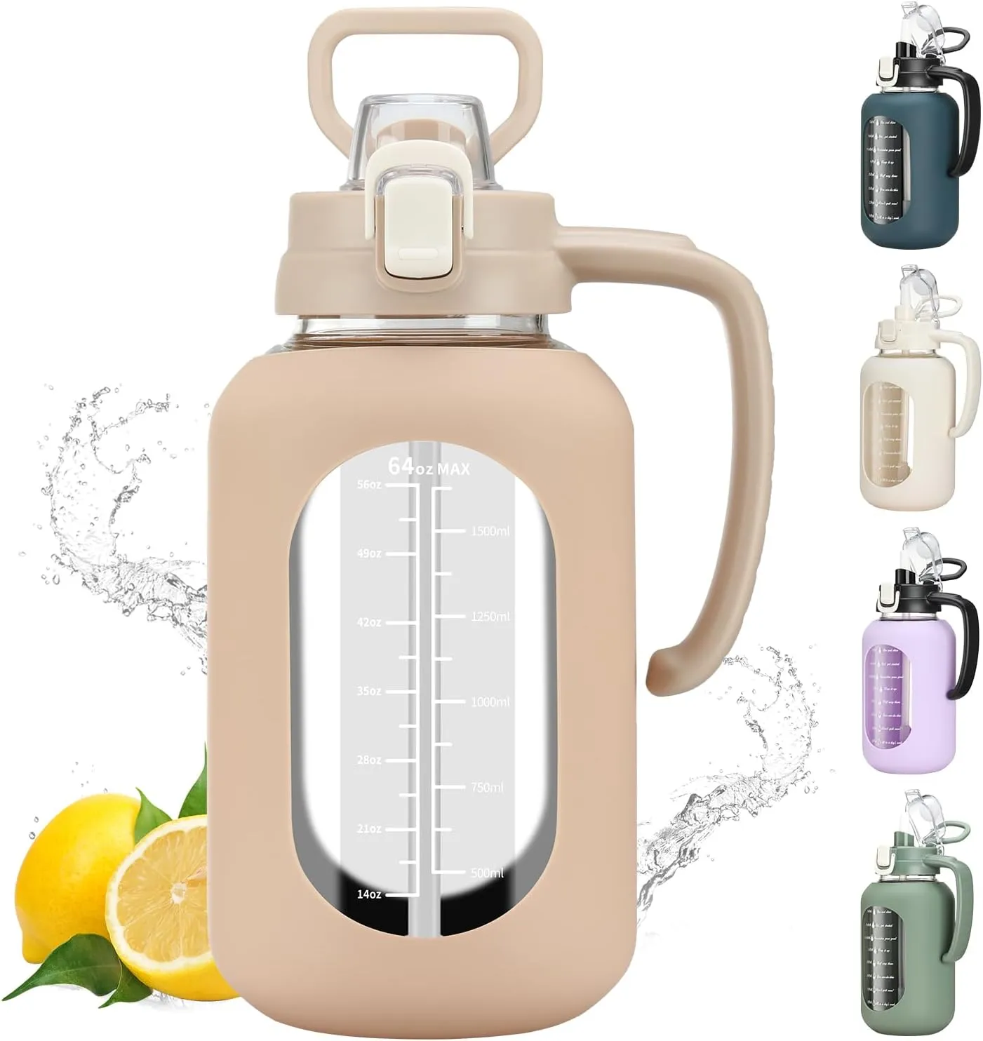64 oz Glass Water Bolttles Half Gallon Large Motivational Water Bottle with Time Marker Sports Water Bottles with Silicone Sleeve and Handle Lid Water Jug for Gym Workout