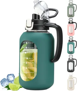 64 oz Glass Water Bottle with Straw and Handle Half Gallon Water Jug with Silicone Sleeve Large Water Bottle for Office, Gym, Outdoor Sports