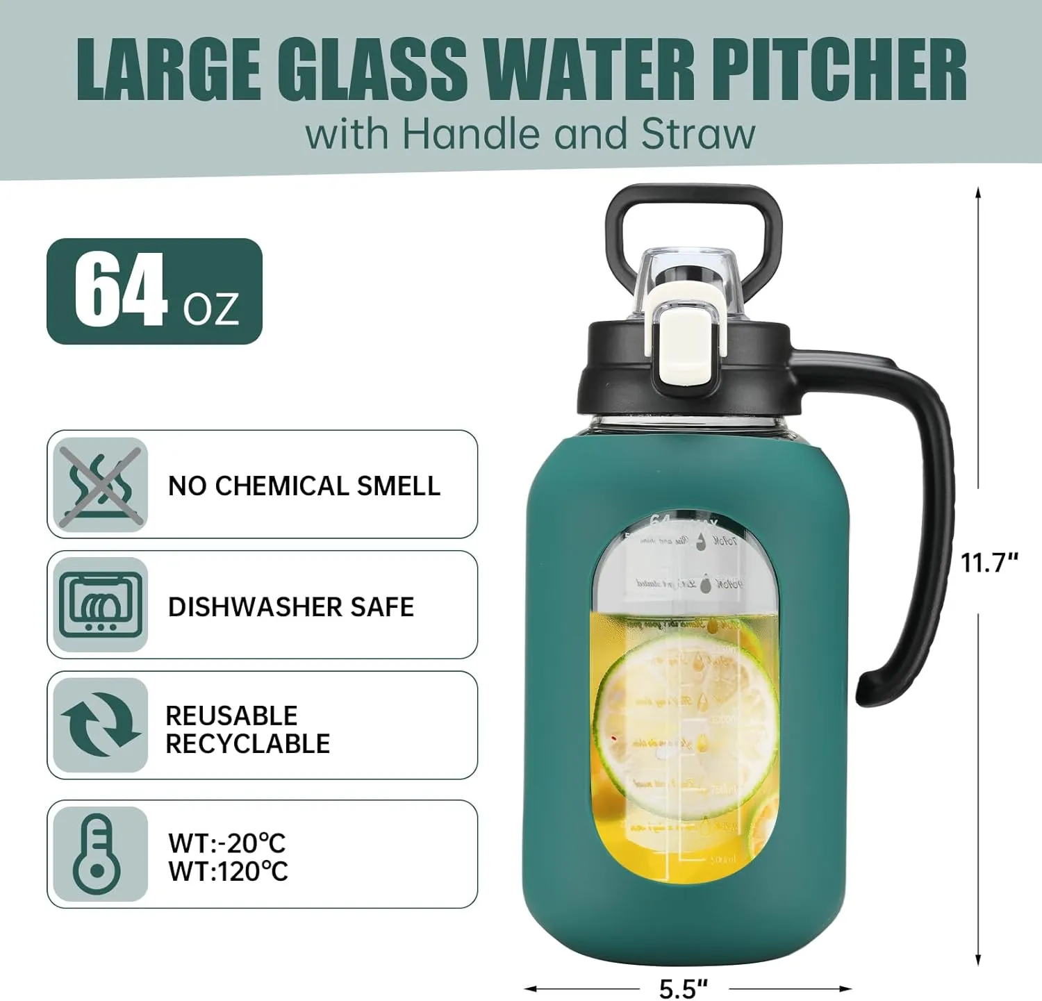 64 oz Glass Water Bottle with Straw and Handle Half Gallon Water Jug with Silicone Sleeve Large Water Bottle for Office, Gym, Outdoor Sports