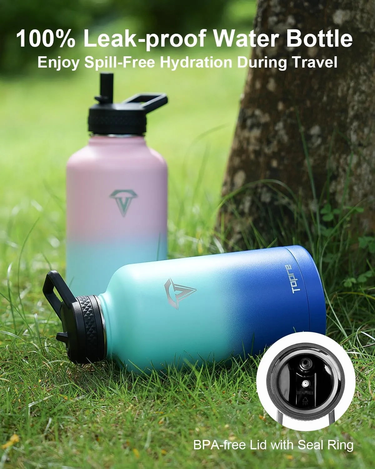 64 oz Insulated Water Bottle, Topre Half Gallon Vacuum Stainless Steel Sports Water Jug with 3 Lids & Brush, BPA-free Reusable Double Walled Mug Canteen for Sports Outdoor Camping