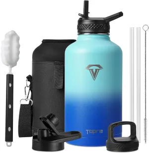 64 oz Insulated Water Bottle, Topre Half Gallon Vacuum Stainless Steel Sports Water Jug with 3 Lids & Brush, BPA-free Reusable Double Walled Mug Canteen for Sports Outdoor Camping