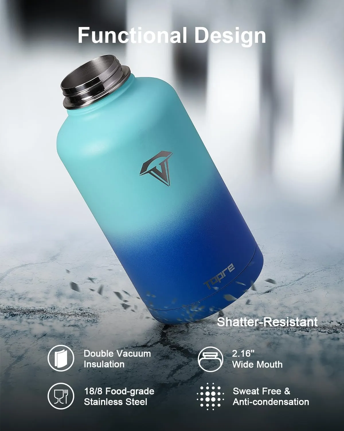 64 oz Insulated Water Bottle, Topre Half Gallon Vacuum Stainless Steel Sports Water Jug with 3 Lids & Brush, BPA-free Reusable Double Walled Mug Canteen for Sports Outdoor Camping