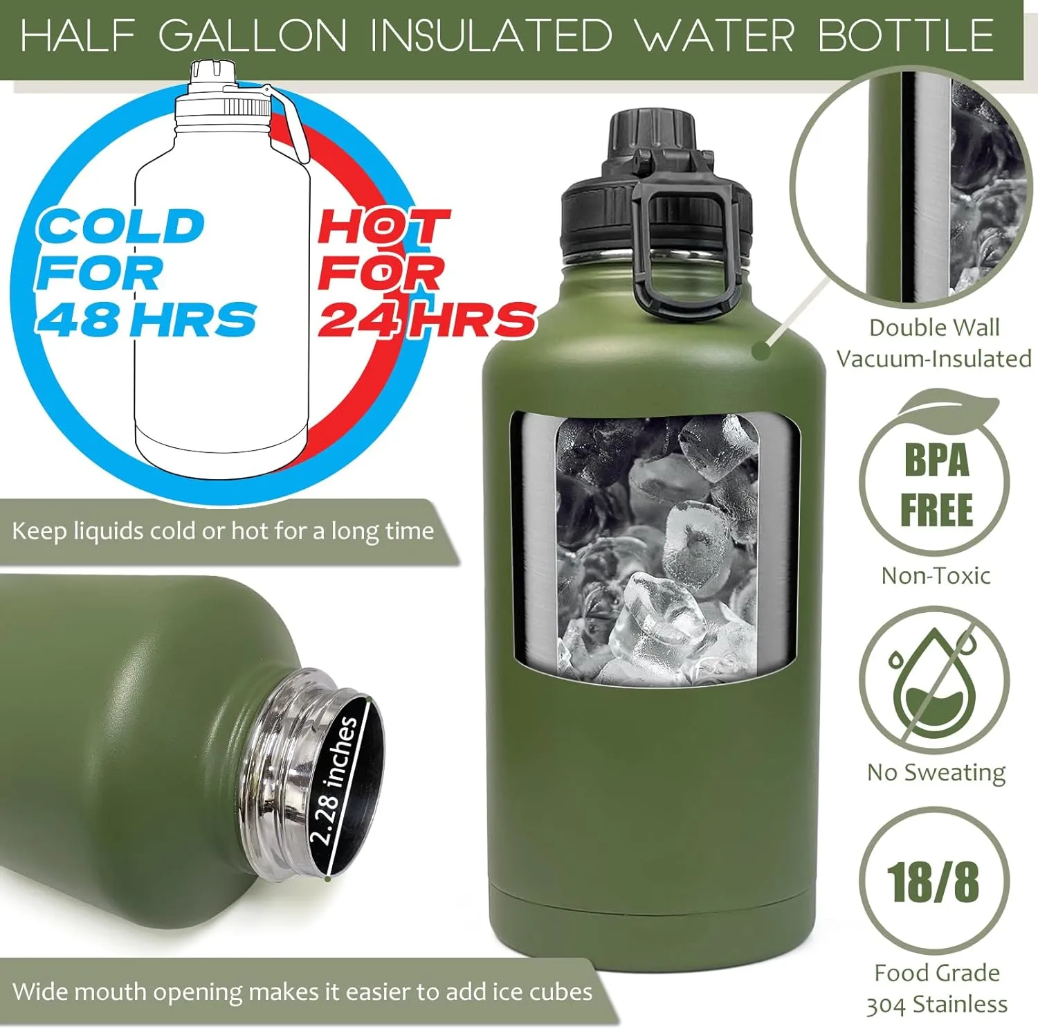 64 Oz Water Bottle with Sleeve - Military Green Half Gallon Insulated Water Jug with Handle - Stainless Steel Sports Bottle for Gym Workout Hiking Camo Black Pouch