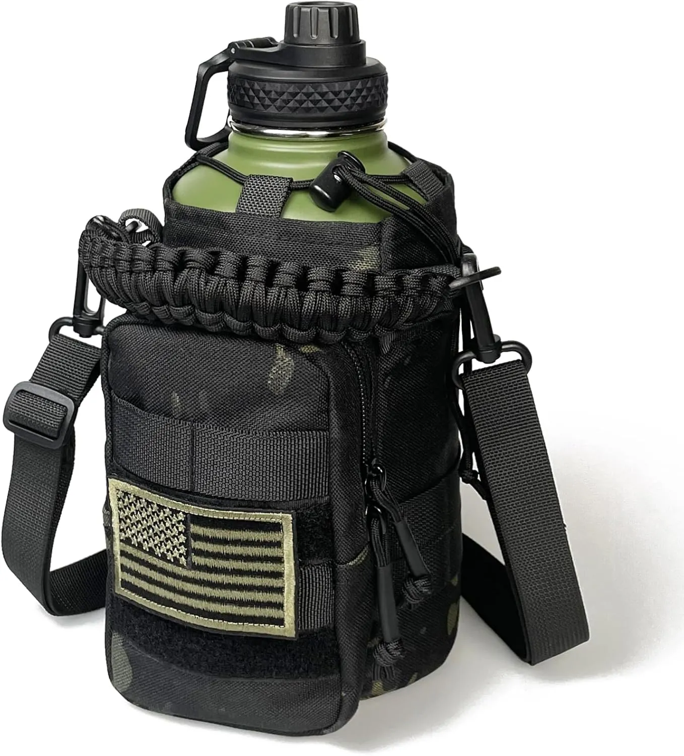 64 Oz Water Bottle with Sleeve - Military Green Half Gallon Insulated Water Jug with Handle - Stainless Steel Sports Bottle for Gym Workout Hiking Camo Black Pouch
