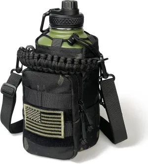 64 Oz Water Bottle with Sleeve - Military Green Half Gallon Insulated Water Jug with Handle - Stainless Steel Sports Bottle for Gym Workout Hiking Camo Black Pouch