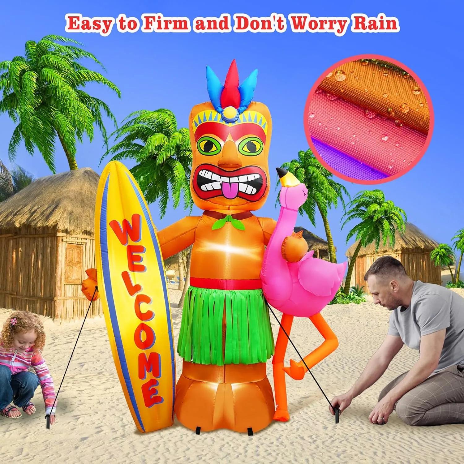6FT Tall Luau Party Inflatable Tiki and Flamingo Surfboard Outdoor Decoration, Blow Up Tiki Inflatables Welcome Sign Built-in 6 LEDs for Beach Tropical Pool Surfing Party Supplies