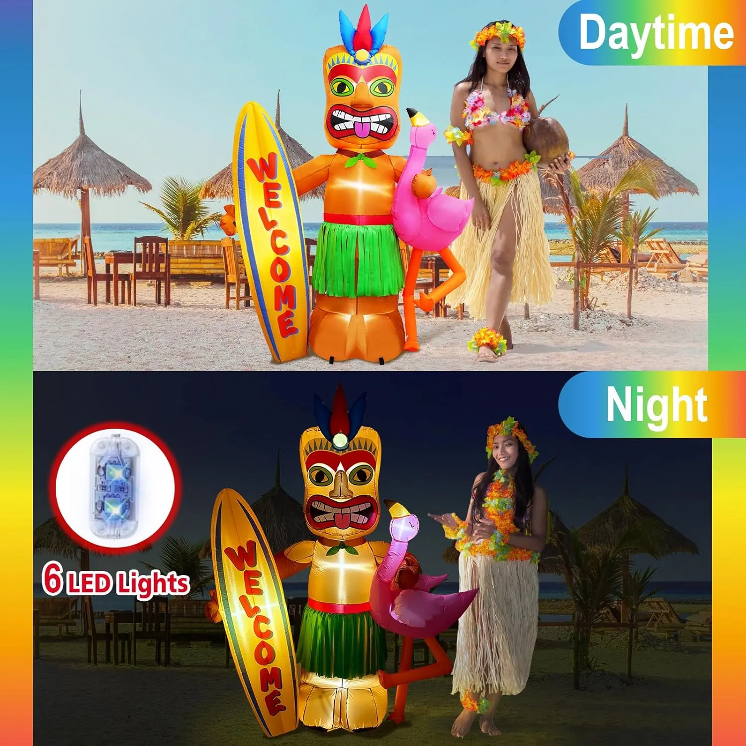 6FT Tall Luau Party Inflatable Tiki and Flamingo Surfboard Outdoor Decoration, Blow Up Tiki Inflatables Welcome Sign Built-in 6 LEDs for Beach Tropical Pool Surfing Party Supplies