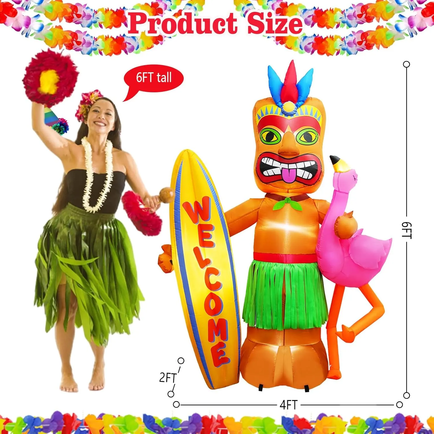 6FT Tall Luau Party Inflatable Tiki and Flamingo Surfboard Outdoor Decoration, Blow Up Tiki Inflatables Welcome Sign Built-in 6 LEDs for Beach Tropical Pool Surfing Party Supplies