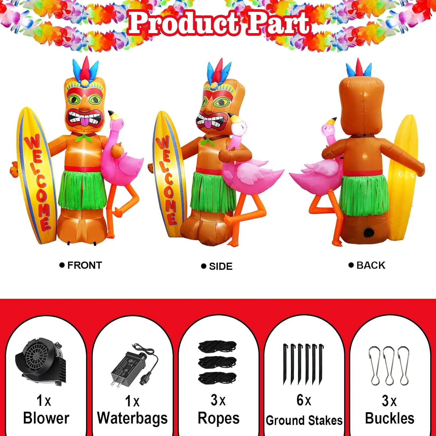 6FT Tall Luau Party Inflatable Tiki and Flamingo Surfboard Outdoor Decoration, Blow Up Tiki Inflatables Welcome Sign Built-in 6 LEDs for Beach Tropical Pool Surfing Party Supplies