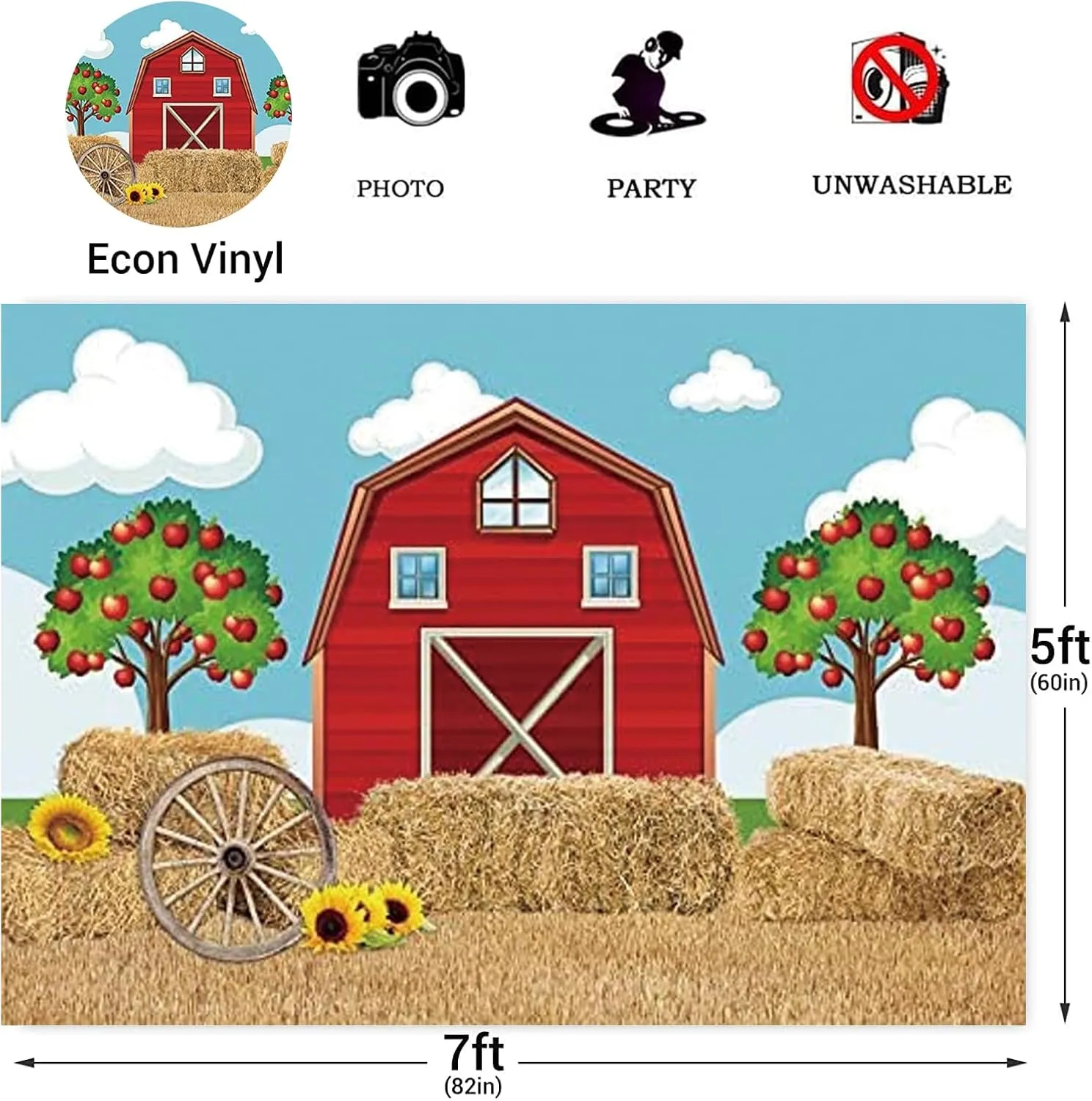 7x5FT Cartoon Red Farm Theme Backdrop Haystack Sunflower Apple Tree Backdrop Barn Background Photo Booth Props for Children Birthday Party Supplies