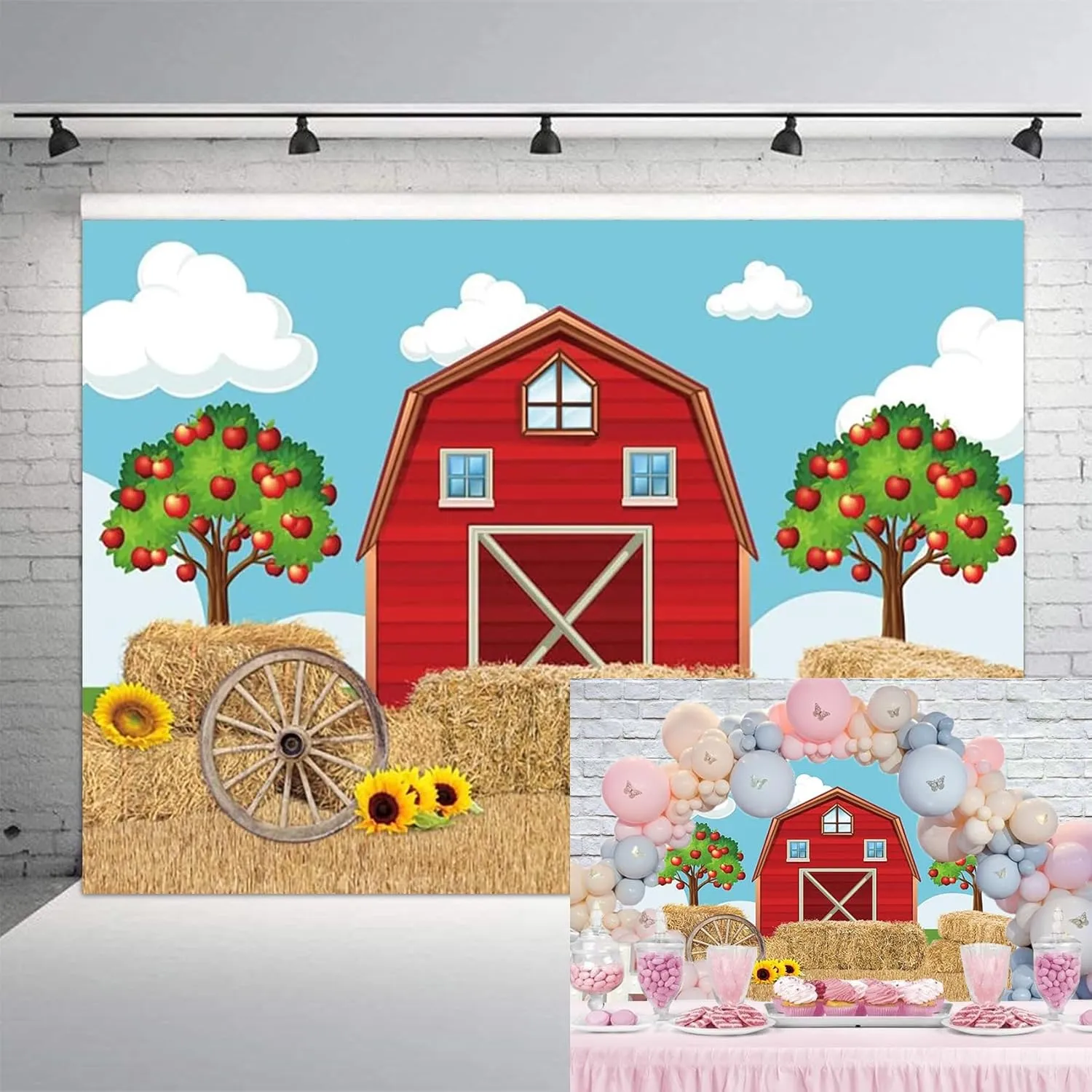 7x5FT Cartoon Red Farm Theme Backdrop Haystack Sunflower Apple Tree Backdrop Barn Background Photo Booth Props for Children Birthday Party Supplies