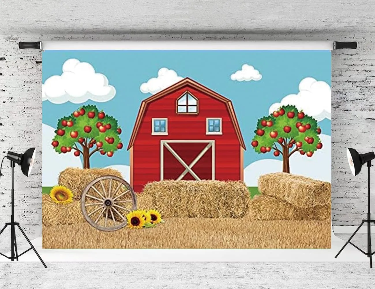7x5FT Cartoon Red Farm Theme Backdrop Haystack Sunflower Apple Tree Backdrop Barn Background Photo Booth Props for Children Birthday Party Supplies