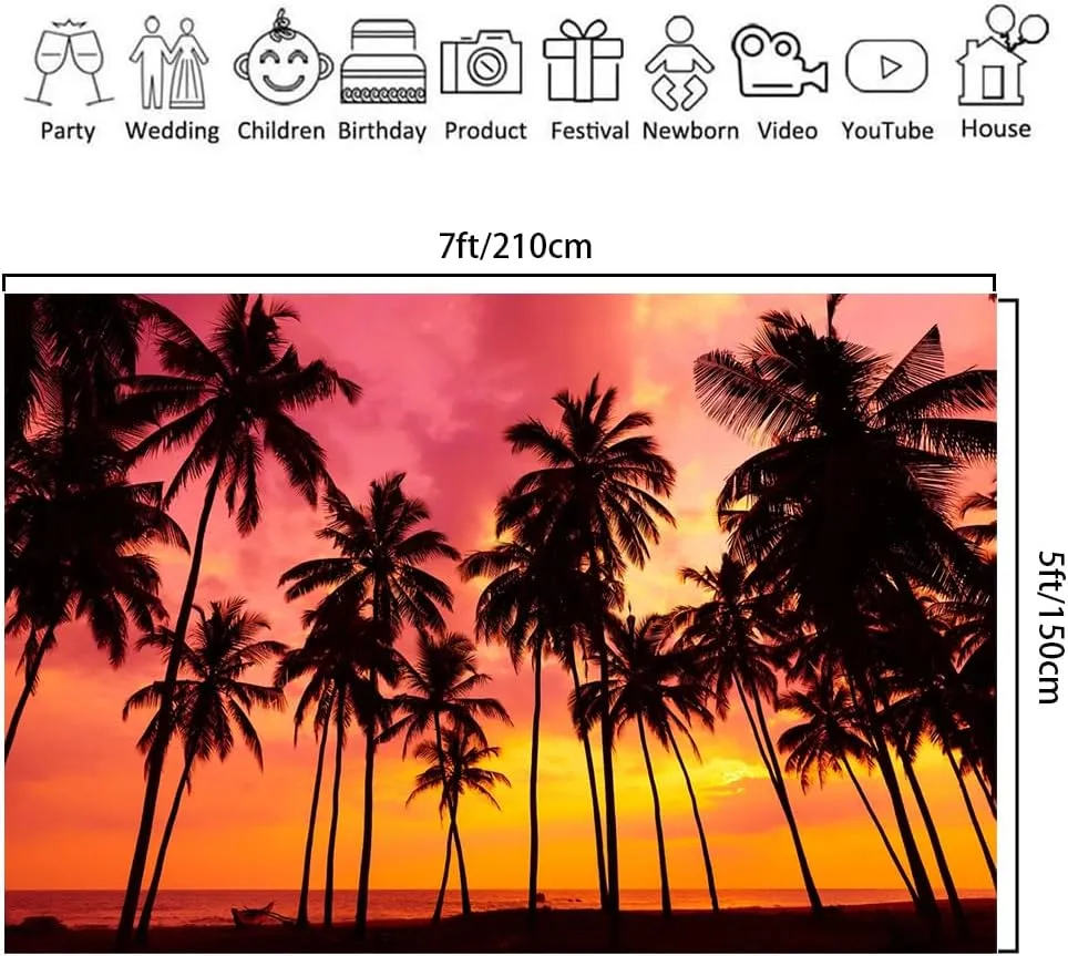 7x5ft Summer Seaside Sunset Photography Backdrop Palm Trees Silhouettes On Tropical Beach Photo Background Hawaii Luau Party Decorations Banner