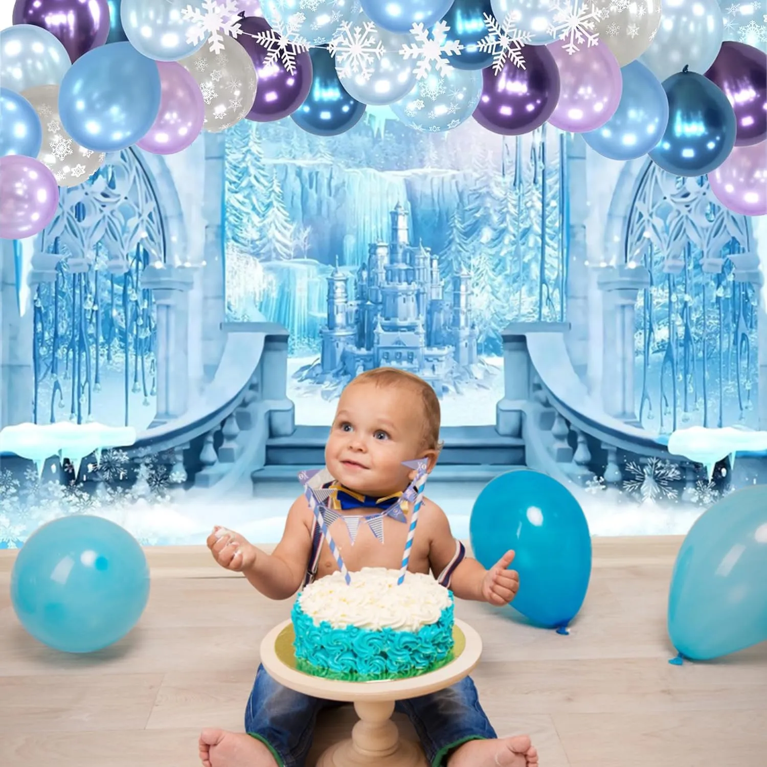8x6ft Winter Castle Backdrop Blue Ice Snow Castle New Year Party Photography Backdrop for Kids Newborn Baby Princess 1st Birthday Party Decor Banner