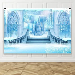 8x6ft Winter Castle Backdrop Blue Ice Snow Castle New Year Party Photography Backdrop for Kids Newborn Baby Princess 1st Birthday Party Decor Banner
