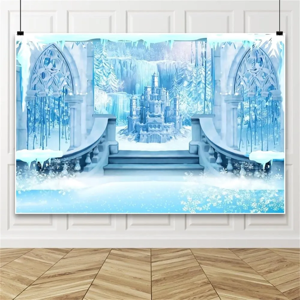 8x6ft Winter Castle Backdrop Blue Ice Snow Castle New Year Party Photography Backdrop for Kids Newborn Baby Princess 1st Birthday Party Decor Banner