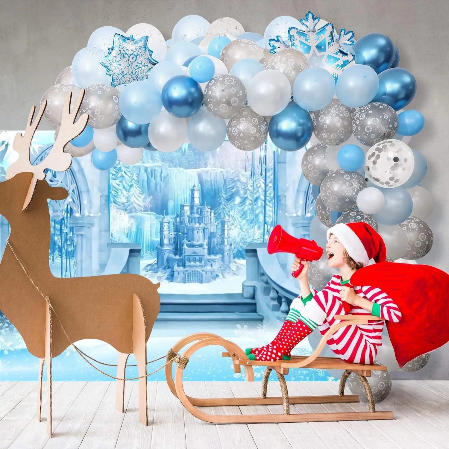 8x6ft Winter Castle Backdrop Blue Ice Snow Castle New Year Party Photography Backdrop for Kids Newborn Baby Princess 1st Birthday Party Decor Banner