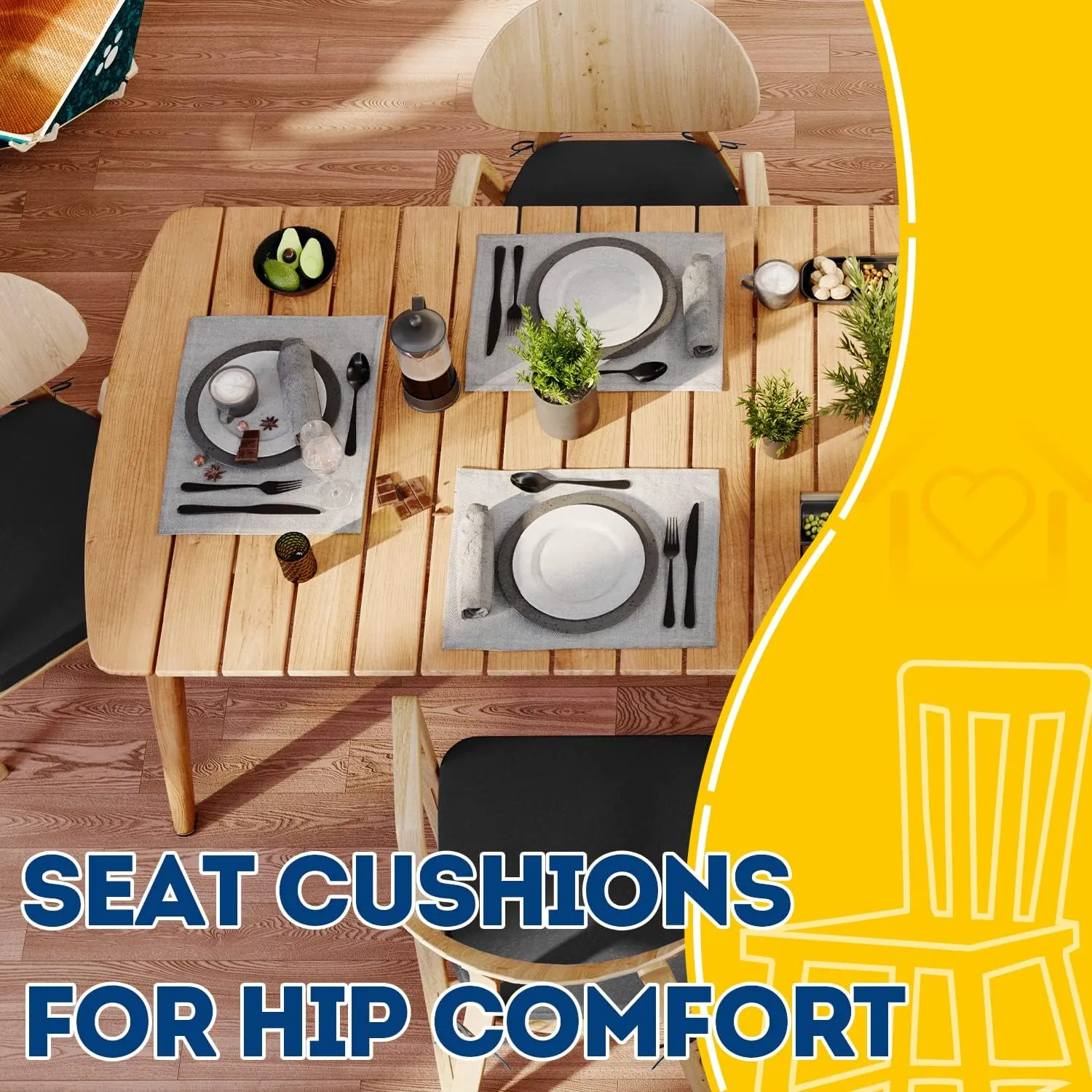 AAAAAcessories D-Shaped Chair Cushions, 2" Thick Dining Chair Pads with Ties and Removable, Machine-Washable Cover, 17" x 16", Set of 4, Black