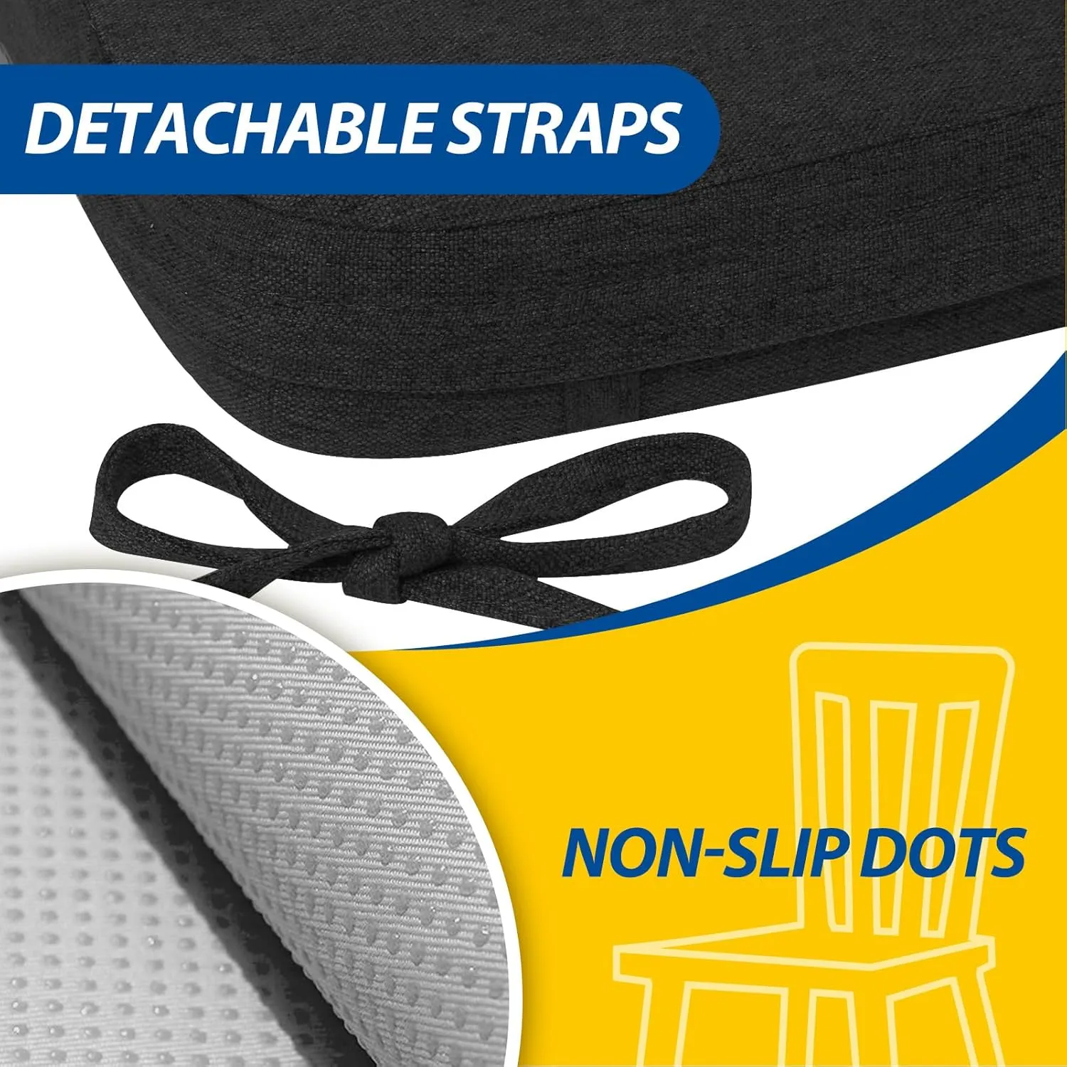 AAAAAcessories D-Shaped Chair Cushions, 2" Thick Dining Chair Pads with Ties and Removable, Machine-Washable Cover, 17" x 16", Set of 4, Black